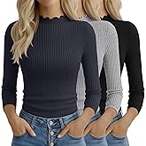 Velvelhall 3 Pack Women's Cotton 3/4 Sleeve Mock Turtleneck Tops Lettuce Trim Ribbed Shirts Slim Fit Casual Basic Tees