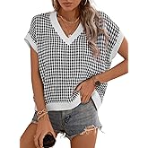 Dokotoo Womens Casual Summer Tops V Neck Short Sleeve Plaid Knit Vest Loose Fit Pullover Sweaters Blouses