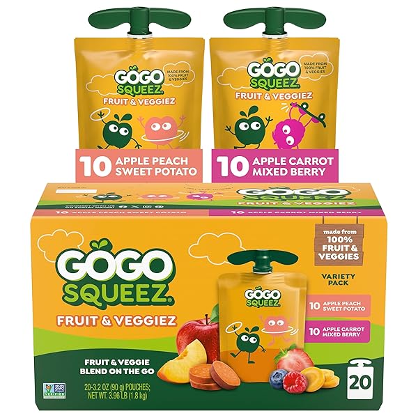 GOGO SQUEEZ FRUIT & VEGGIEZ APPLESAUCE AND PUREE VARIETY PACK, PEDAL PEACH AND BOULDER BERRY, 3.2 OZ (PACK OF 20), UNSWEETENED SNACKS FOR KIDS, BPA FREE POUCHES (PACKAGING MAY VARY)