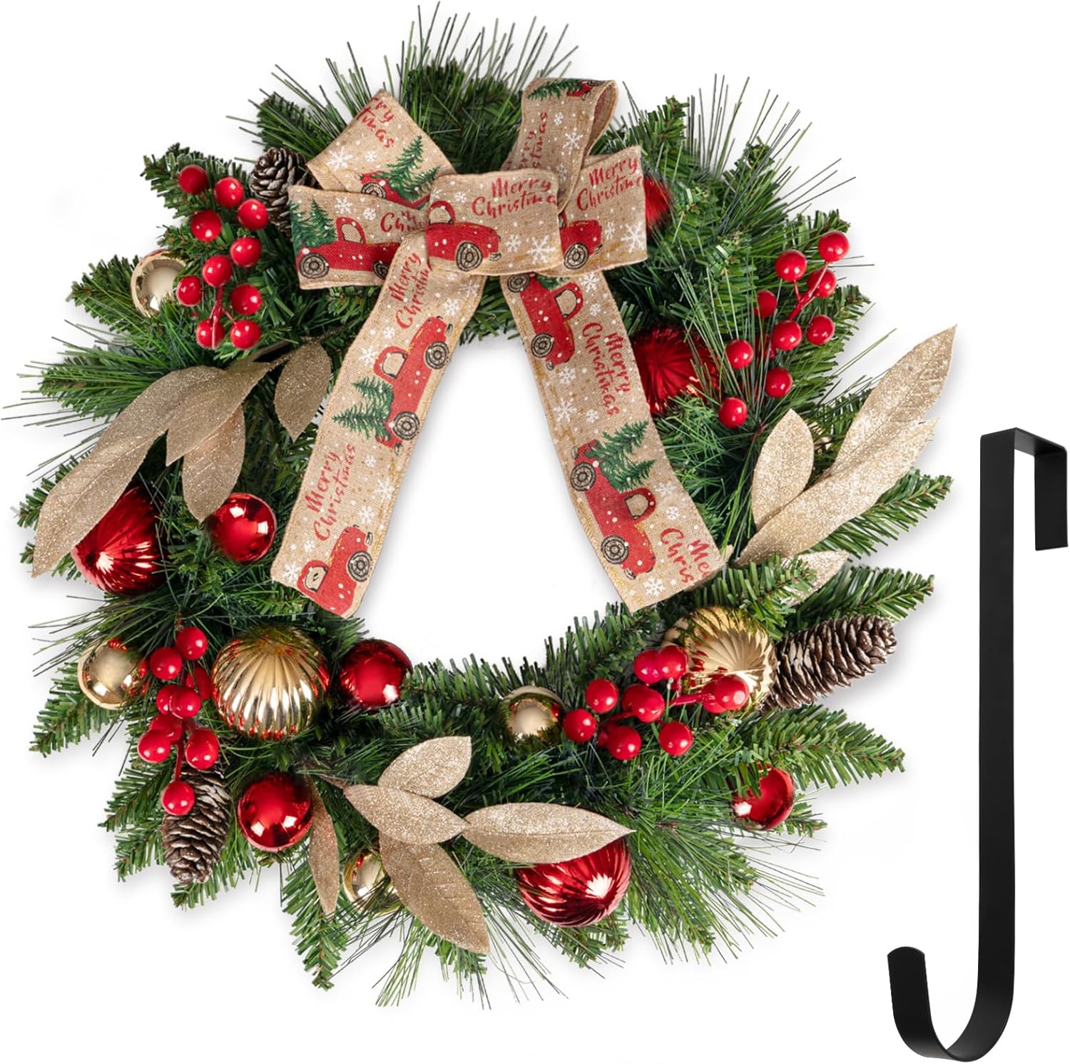 Wreaths, Garlands & Swags - VENTIMI Christmas Wreath for Front Door, 16 Inch Christmas Wreaths with Khaki Bow & Ball Ornaments, Christmas Decor for Windows, Outdoor Indoor Christmas Decorations with 11 Inch Metal Hanger
