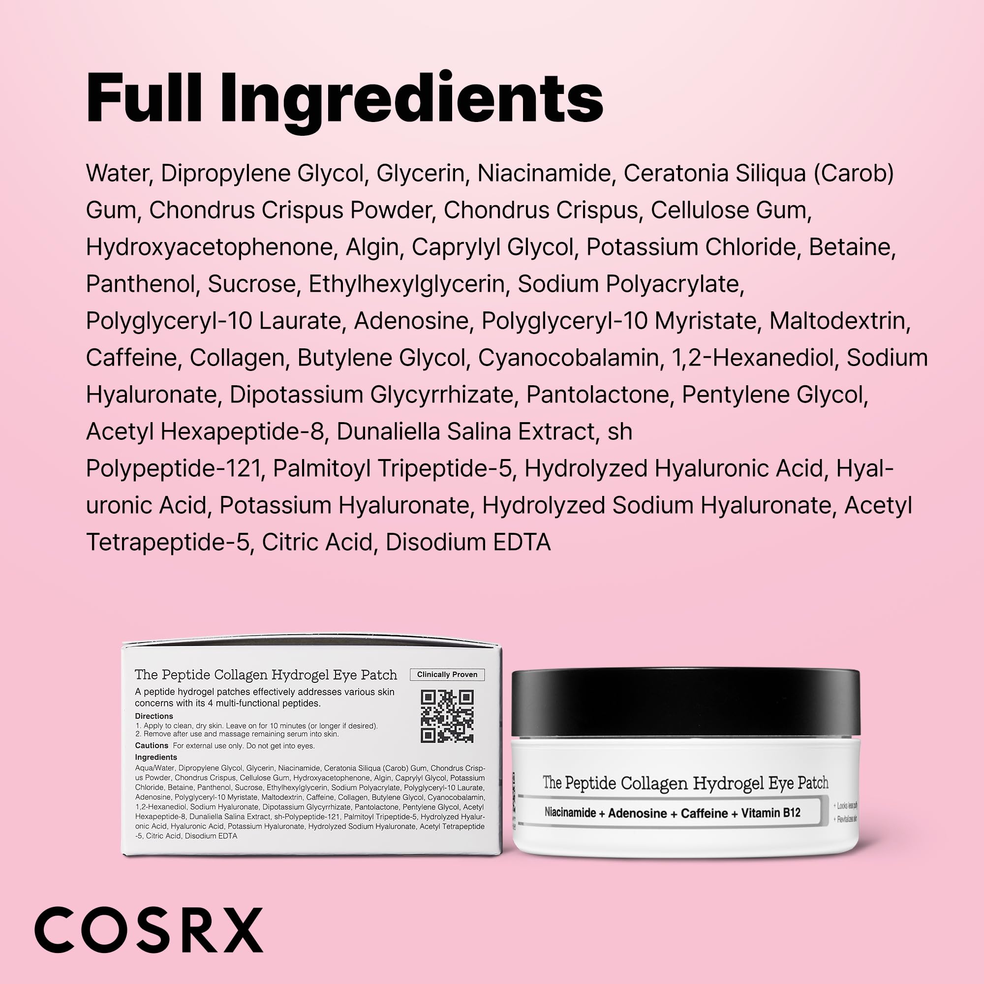 COSRX Pink Peptides Collagen Hydrogel Eye Patch for Puffy Eyes and Dark Circles, Under Eye Mask, 60 Under Eye Patches, Korean Skin Care