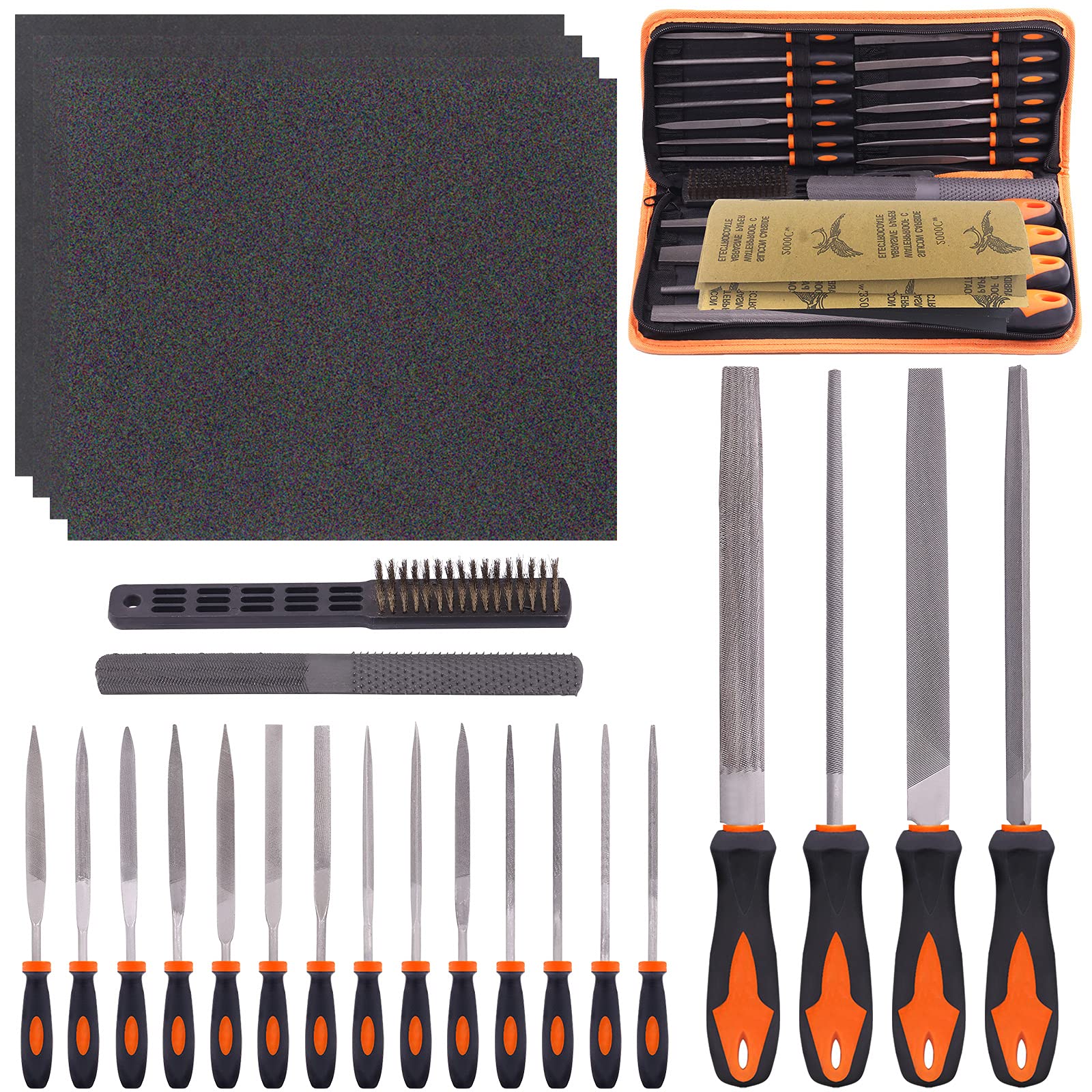 Glarks 25Pcs Hand Metal File Set Include 4Pcs Flat/Triangle/Half-round/Round Large File, 12pcs Needle Files, 1 brush, 4pcs Sandpaper and 4 Way Wood Rasp File for Shaping Metal, Wood, and Tools