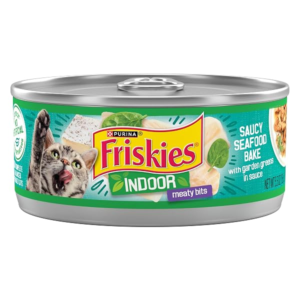 PURINA FRISKIES INDOOR CAT FOOD MEATY BITS SAUCY SEAFOOD BAKE WITH GARDEN GREENS IN SAUCE – (PACK OF 24) 5.5 OZ. CANS