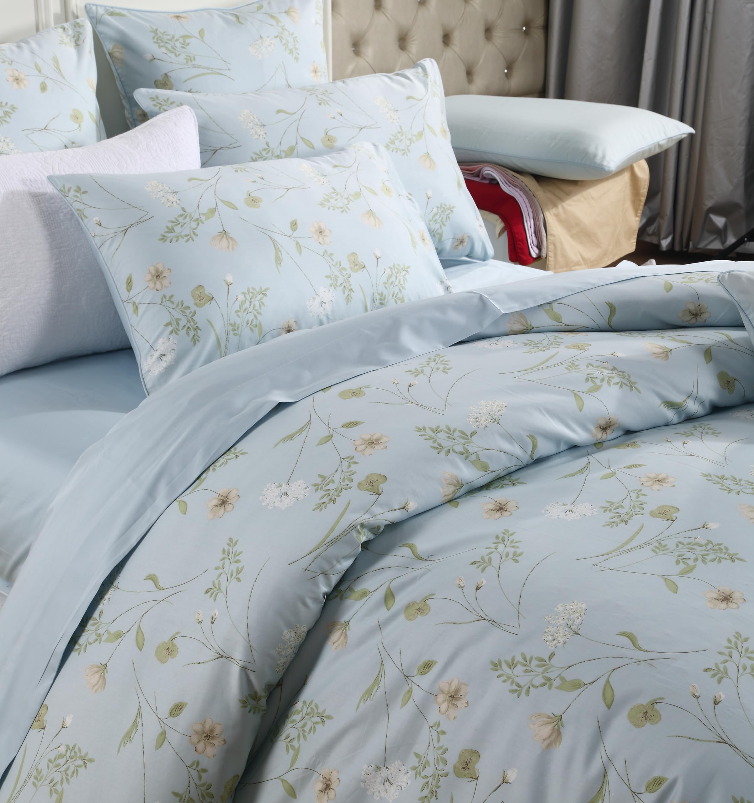 USTIDE Double Floral Duvet Cover Set Farmhouse Quilt Cover Set 800Thread Cotton Super Soft Bedding Set,3Pieces