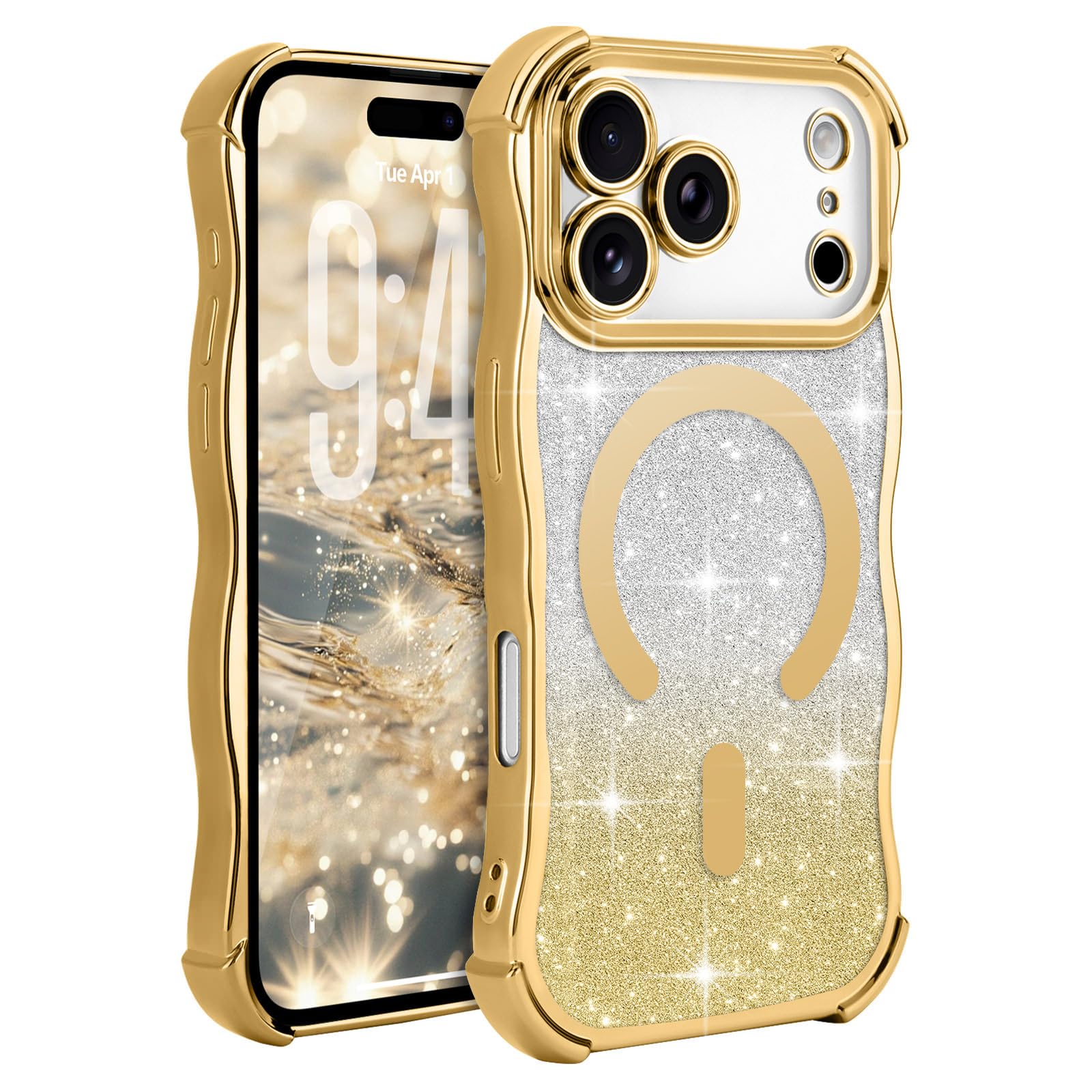 Wirvyuer Glitter Wave Bumper Phone Case for iPhone 17 Pro, Magnetic Case Compatible with MagSafe Women Girly Cover with Sparkle Card Aesthetic Shockproof for iPhone 17 Pro, Gold