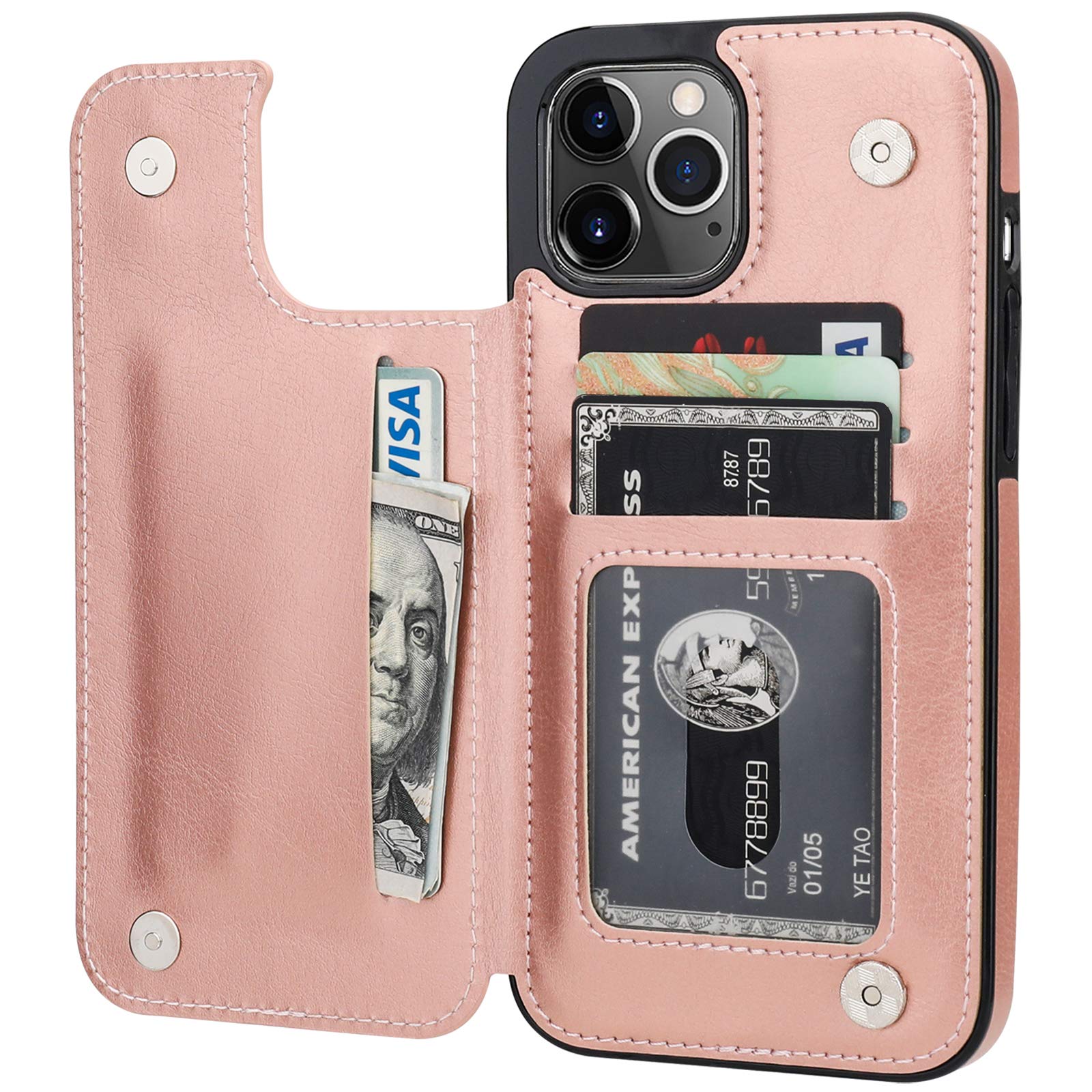 ONETOP Compatible with iPhone 12 Pro Max Wallet Case with Card Holder,PU Leather Kickstand Card Slots Case, Double Magnetic Clasp and Durable Shockproof Cover 6.7 Inch(Rose Gold)