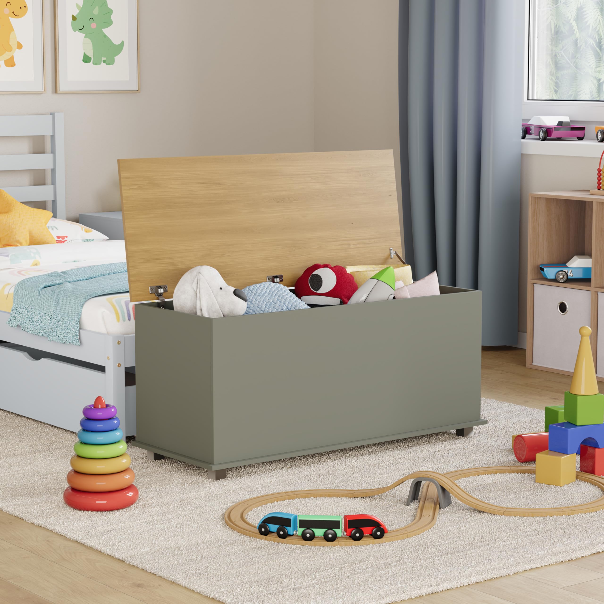 Vida Designs Arlington Toy Box, Wood in Grey, 100x40x48cm - Storage Ottoman with Lift-Up Lid, Ideal for Toys, Bedding & Footstool Use