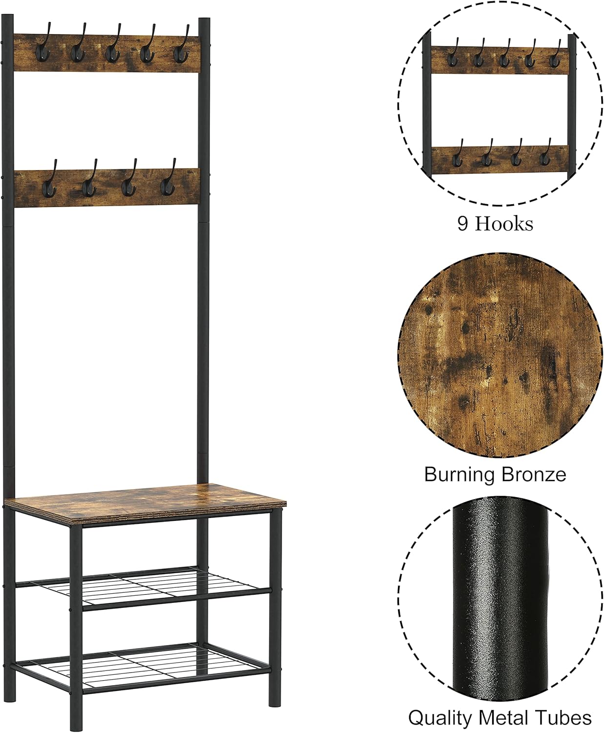Gadroad Coat Rack, Shoe Bench, 3-in-1 Entryway Hall Tree with Storage Shelf and 9 Hooks, Accent Furniture with Metal Frame, Rustic Brown and Black: Home Improvement