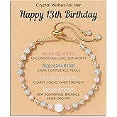 HGDEER Natural Crystal Bracelet 13th 16th Birthday Gifts for Girls - Rose Quartz Moonstone Aquamarine Healing Stones Jewelry with Meaning Card for Daughter Granddaughter
