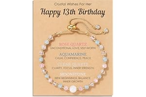 HGDEER Natural Crystal Bracelet 13th 16th Birthday Gifts for Girls - Rose Quartz Moonstone Aquamarine Healing Stones Jewelry with Meaning Card for Daughter Granddaughter