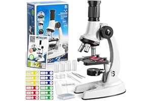 65 Pieces Microscope Kit for Students Kids Ages 5-7 8-13, 100X-1200X Magnification with 7 Colors of LED Lights and 12 Prepare