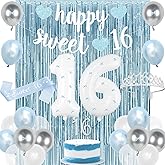 Holkcog Sweet 16th Birthday Decorations, Light Blue 16 Years Old Party Supply, Sweet 16th Birthday Banner, Sash and Crown, 16 Numbe Balloon, Light Blue Curtains Bowknot, Sixteen Girls Party Decor