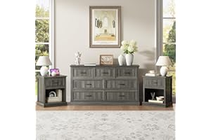 CARPETNAL Farmhouse Dresser and Nightstand Sets for Bedroom, 3 Pcs Bedroom Set, 7 Drawer Dresser & Nightstand Set of 2, Modern Wood Chest of Drawers for Bedroom, Living Room, Entryway, Grey
