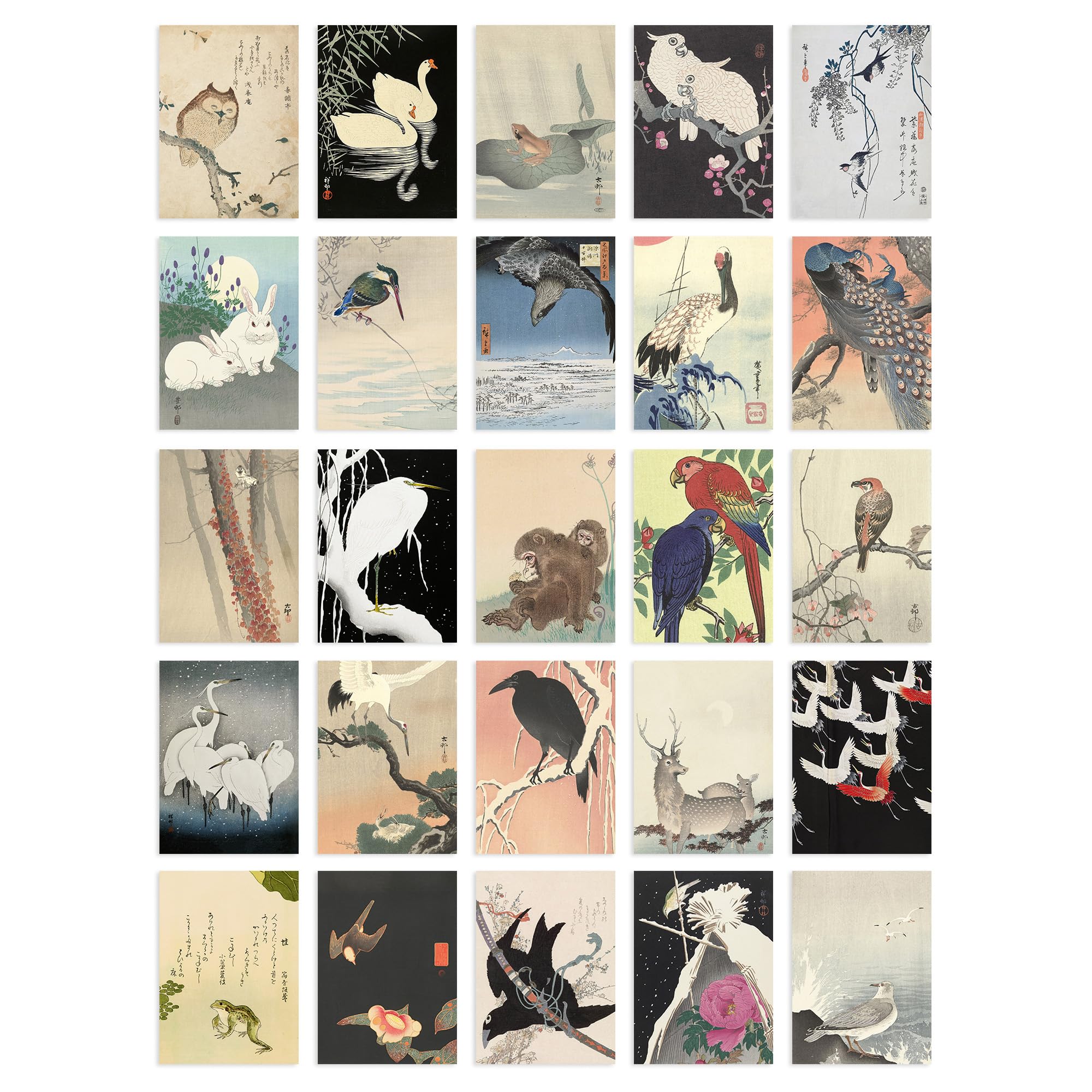 Artery8 50 Pcs Japanese Art Collage Kit Ohara Koson Woodblock Paintings Wall Art Prints A6 Set Pack 14.8 x 10.5 cm (5.8 x 4.1) Room Decor Poster Collection Kachō-e