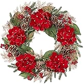 24" Christmas Wreath for Front Door Artificial Hydrangea Flowers Christmas Wreaths with Red Berries Pine Cones Norfolk Pine Cedar Decor for Winter Home Porch Wall Window Indoor Outdoor Xmas Decoration
