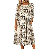 Zeagoo 3/4 Sleeve Women's Dress Casual Flowy A-Line Midi Tshirt Dresses with Pockets Crewneck Vocation Boho Beach Sundress