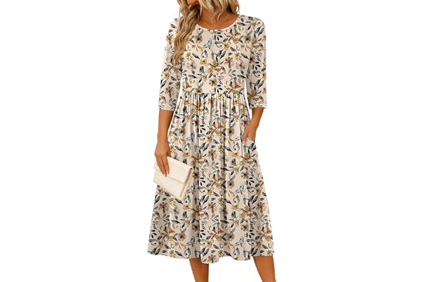 Zeagoo 3/4 Sleeve Women's Dress Casual Aline Summer Fall Midi Long Dresses | Dress With Pocket,Solid Color,Boho Floral,Early 