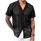 Floerns Men's Short Sleeve Jacquard Mesh Button Down Sheer Mesh Shirts Blouse
