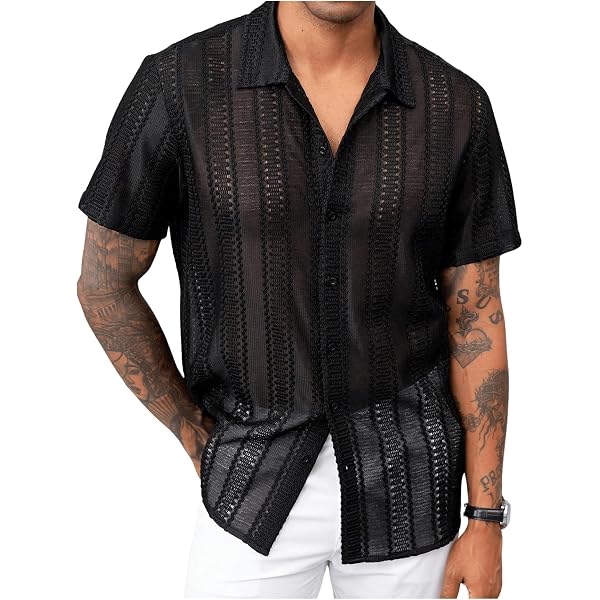 WDIRARA Men's Sheer Mesh Party Shirt - See Through Button Down Collar Short Sleeve Top For Night Out - View #5