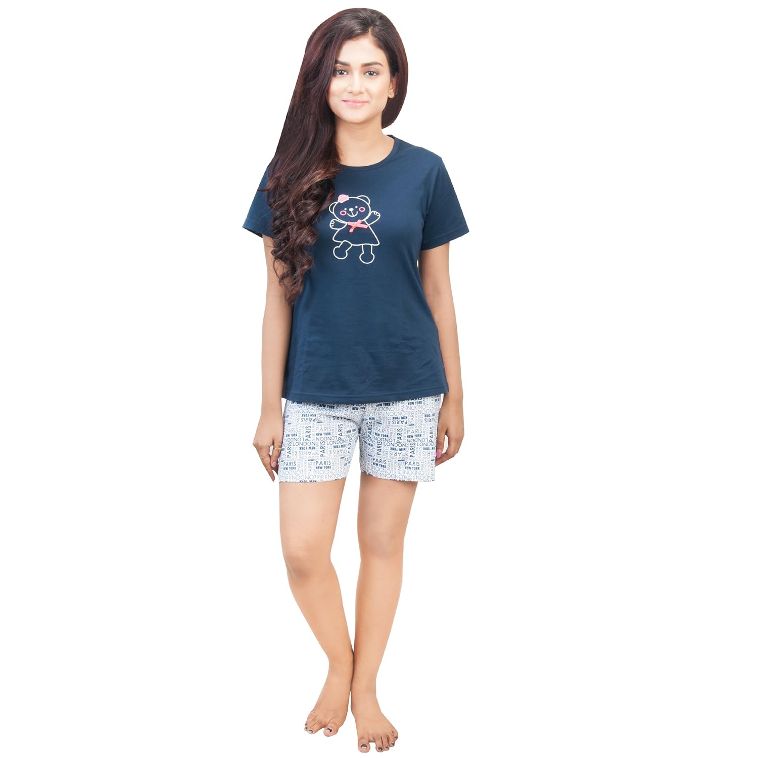 a9- women printed white, navy blue shorts - pack of 2