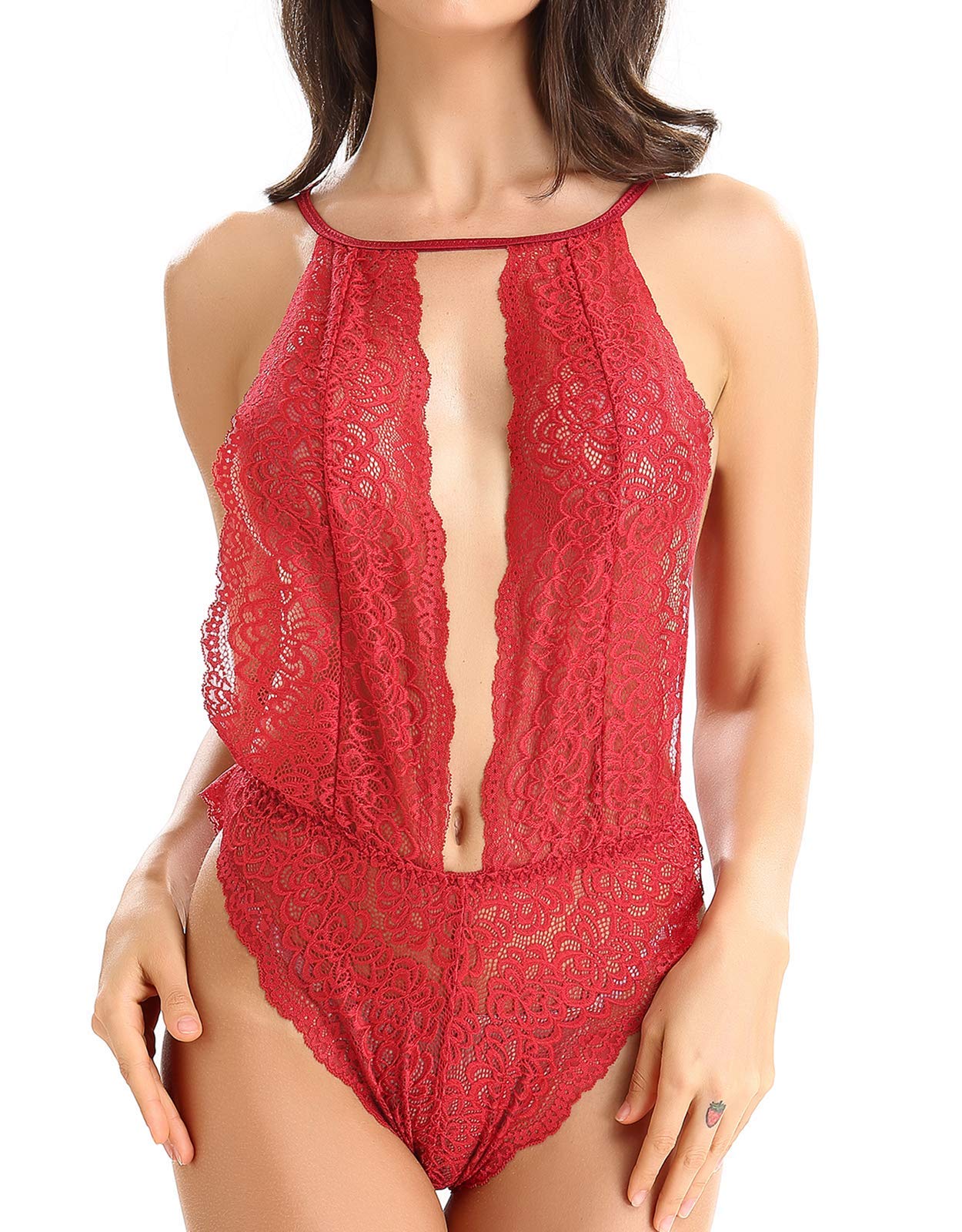 Lynmiss Women One Piece V Lingerie Lace Teddy Bodysuit Halter Babydoll Outfits, Dark Red-XL