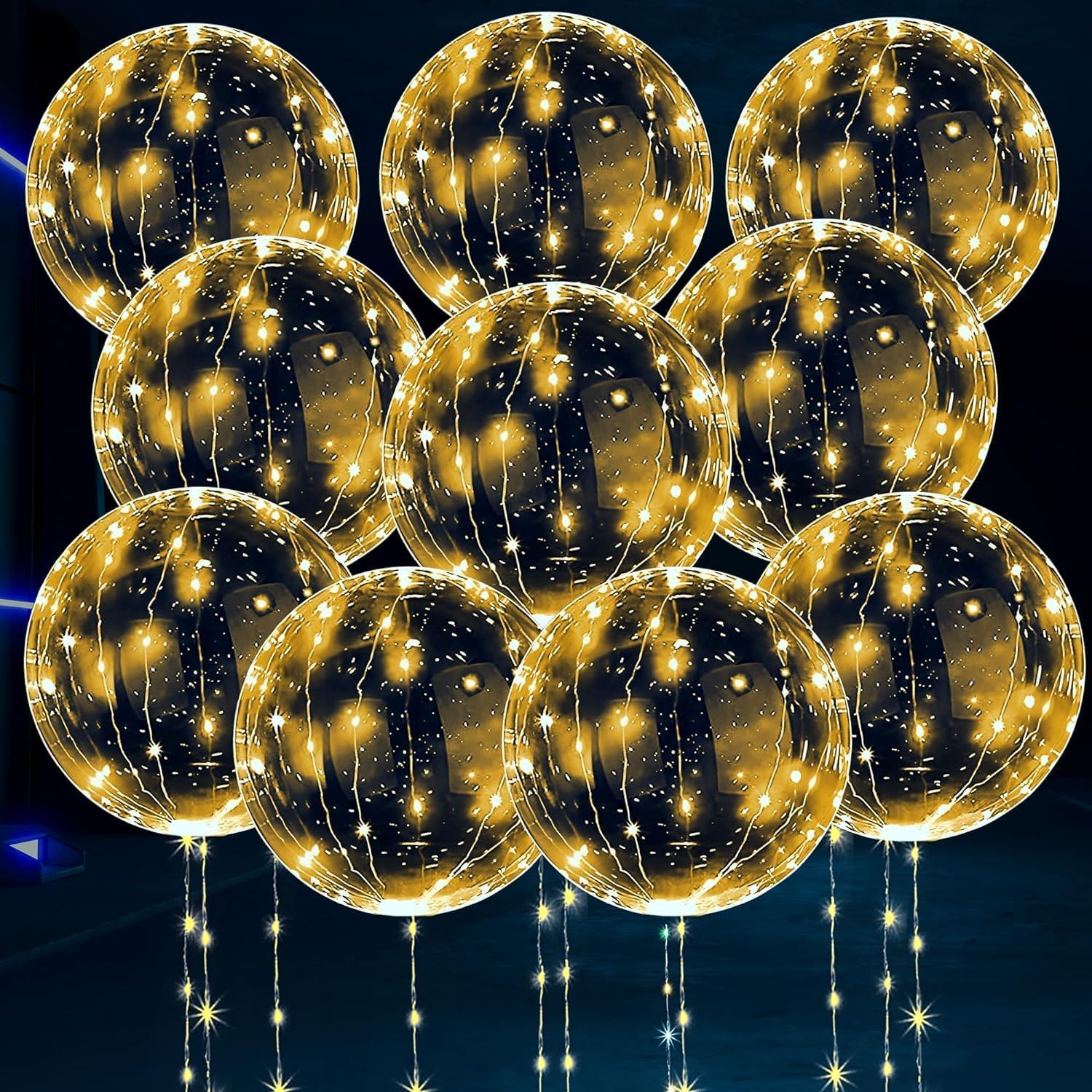 Photo 1 of 10 Pcs LED Balloons Light Up Balloons for Parties – Clear 18" Balloons with Gold String Lights & Individual Switch – Glowing Christmas Decoration for Holiday & New Year Parties, Batteries Not Included