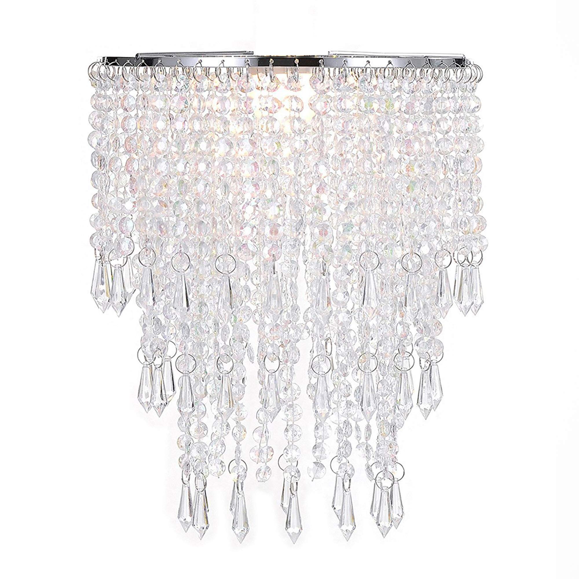 Waneway 3 Tiers Ceiling Chandelier Pendant Light Shade with Acrylic Jewel Droplets, Beaded Lampshade with Chrome Frame and Clear Beads, Diameter 22 cm, Clear