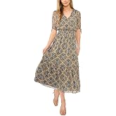 CeCe V-Neck Tie Sleeve Smocked Waist Midi Dress