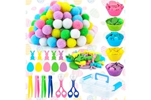 CLOTHMILE 147 Pcs Easter Fine Motor Toys Counting Sorting Easter Sensory Bin Filler 100 Pcs Easter Pompoms 30 Pcs Wooden Bunny Eggs 10 Cups 4 Tweezers 2 Scissors Storage Box for Boys Girls Montessori Toys
