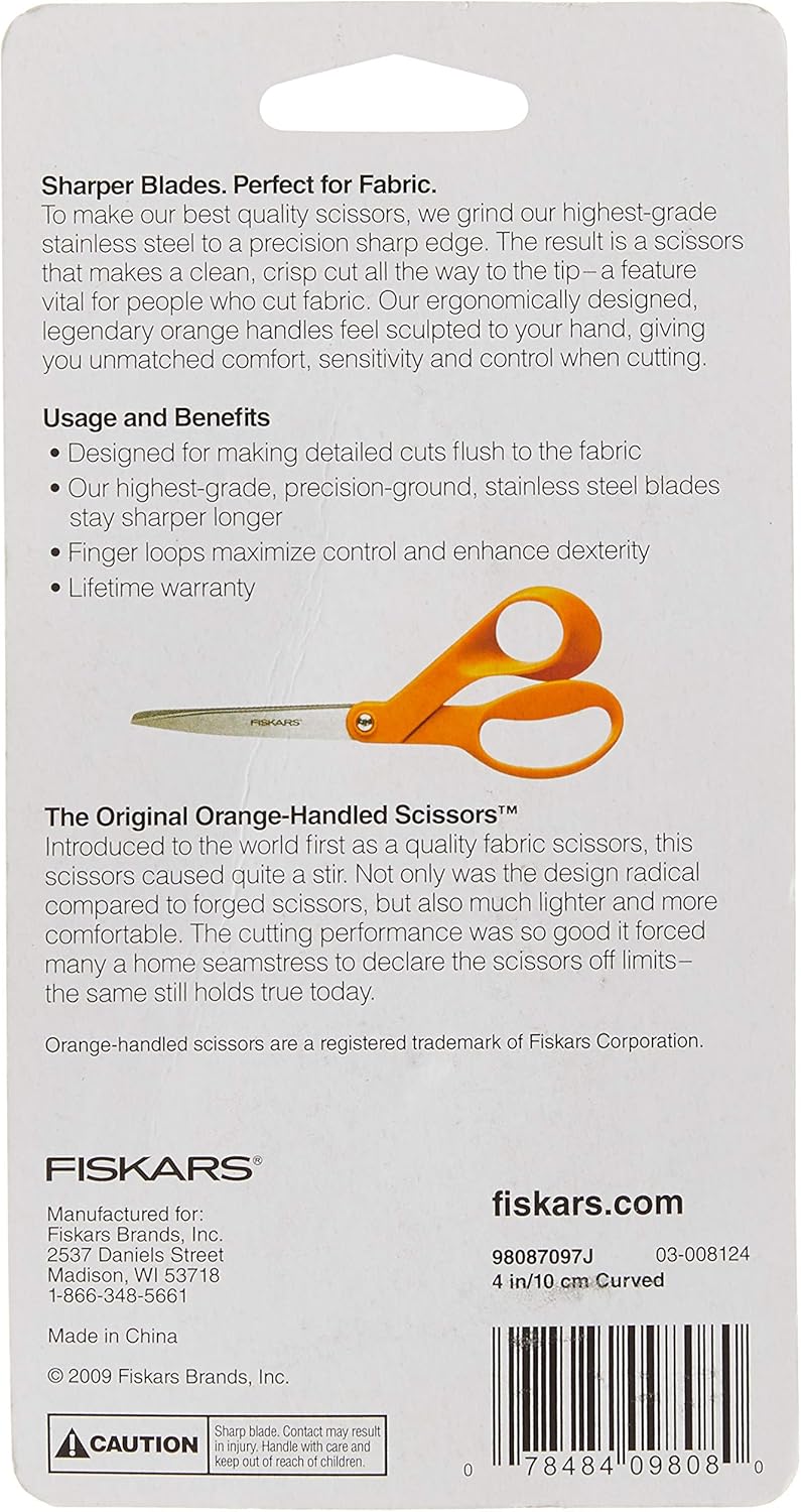 Fiskars 98087097J Curved Craft Scissors, 4 Inch, steel and orange