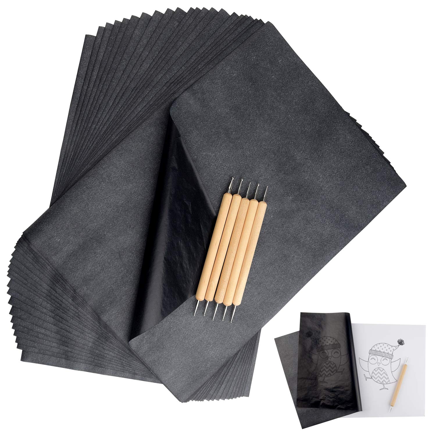 TUPARKA 120 Sheets Carbon Copy Paper with Embossing Stylus 5PCS Black Transfer Paper Tracing Paper for Wood Tracing Tattoo Stencil Copy Accessory