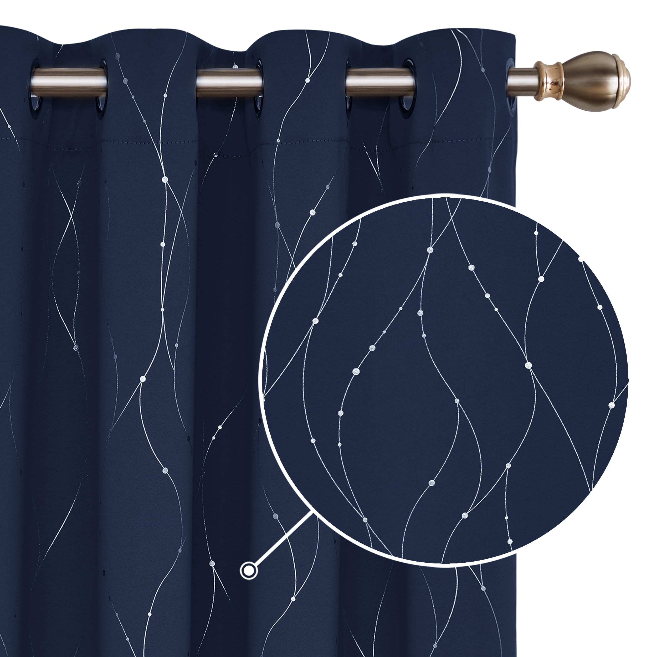 Deconovo Super Soft Dotted Line Foil Printed Thermal Insulated Window Treatment Eyelet Blackout Curtains for Livingroom 66 x 54 Inch Navy Blue Two Panels