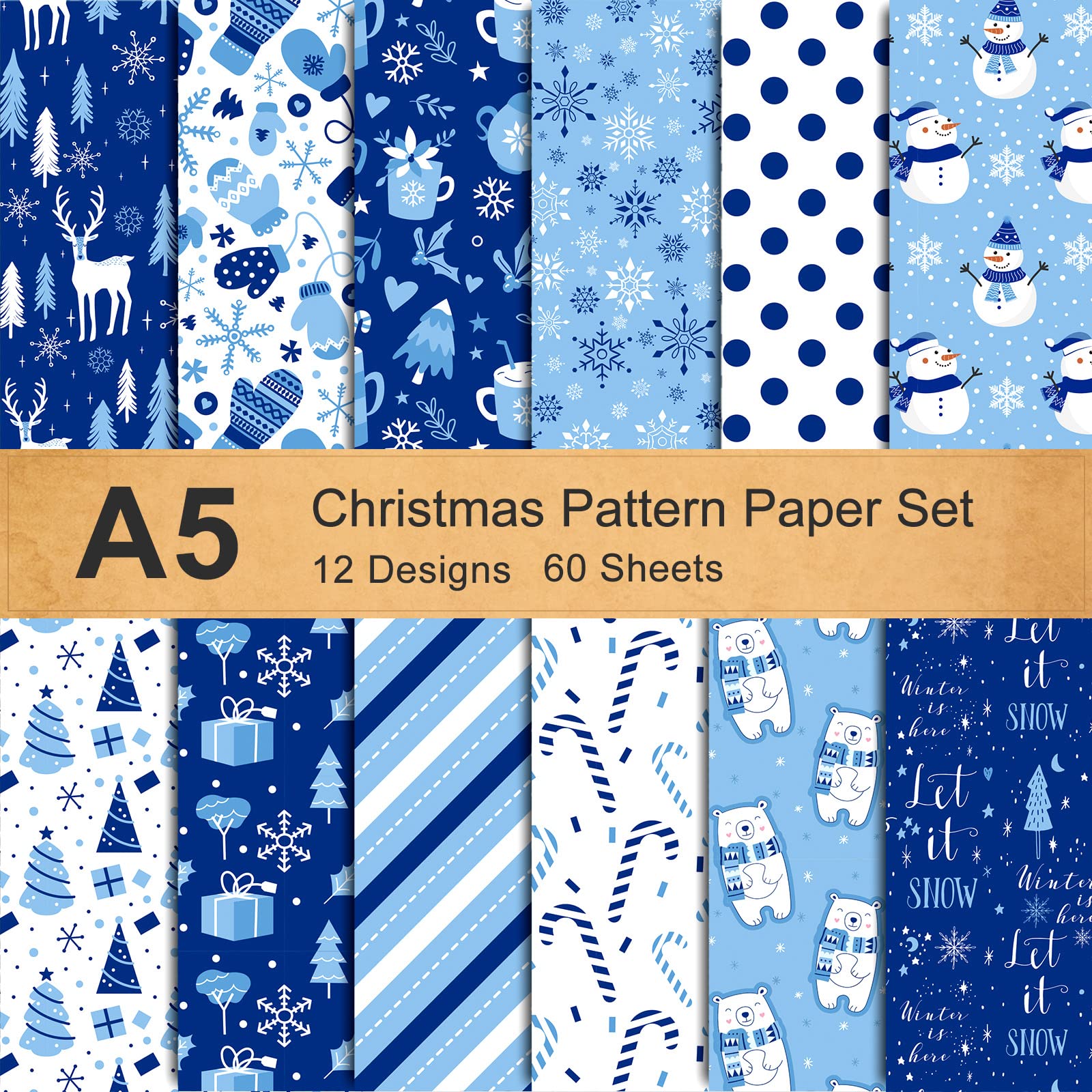 Waline 12 Designs Christmas Pattern Paper Set - A5 Size, 60 Sheets, Snowflake, Snowman, Winter Bear, Glossy, White & Blue, Double-Sided for Card Making & Scrapbooking