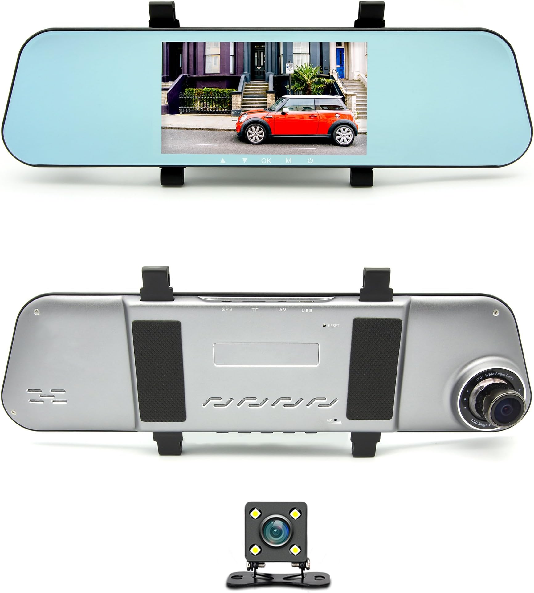 Master Tailgaters Clip On Rear View Mirror (Touch Screen) with HD 1080p 170° Dash Cam, 5" IPS LCD Display, Collision Sensor, Parking Monitor + Free Backup Camera