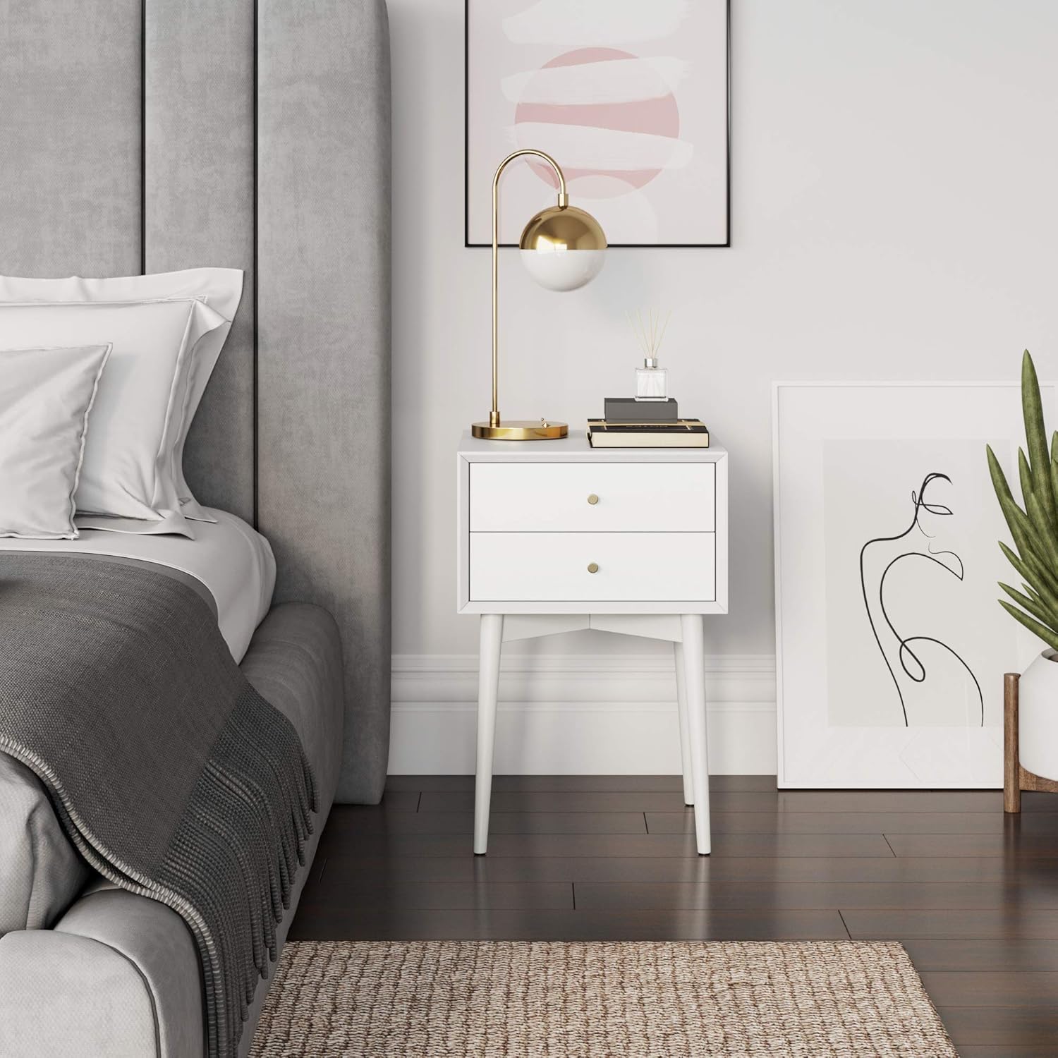 Nathan James Harper Mid-Century Modern Side Table, 2-Drawer Wood Nightstand, White: Kitchen & Dining