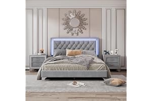 Harper & Bright Designs 3-Piece Queen Bedroom Set, Upholstered Platform Bed with LED Lights and 2 Nightstands, Modern Gray