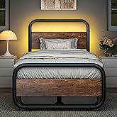 Catrimown Twin Bed Frame with LED Lights, Heavy Duty Metal Rustic Twin Platform Bed Frame with Wood Headboard, Under Bed Storage, Noise Free, No Box Spring Needed, Rustic Brown