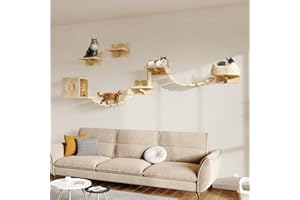 Homiflex 9-in-1 Cat Wall Shelves, Wall Mounted Cats Furniture Set with Plush Fabric, Cat Climbing Wall Systems, Cats Shelf Furniture with Condos, House, Steps, Bridge Ladder, Scratching Post, Beige