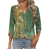 LOMON 3/4 Length Sleeve Womens Tops Basic Tee Shirts Half Sleeve Blouse for WomenTunic Tops Loose Fit Dressy Floral Green XL