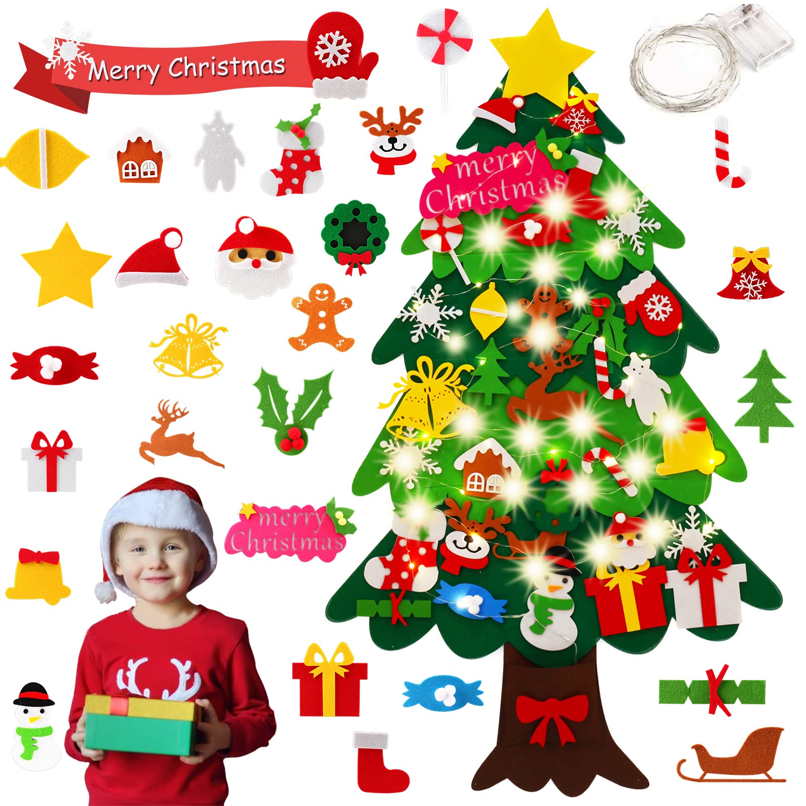 Felt Christmas Tree, KEEHOM DIY Wall-Mounted Christmas Tree with 34 Pcs Detachable Ornaments and LED Light String, Ideal Xmas Decorations for Wall Decor Home Indoor Outdoor Kids Gift New Year