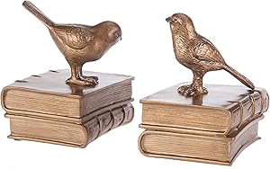 MyGift Vintage Decorative Birds & Books Brass-Colored Resin Bookends, 1 Pair