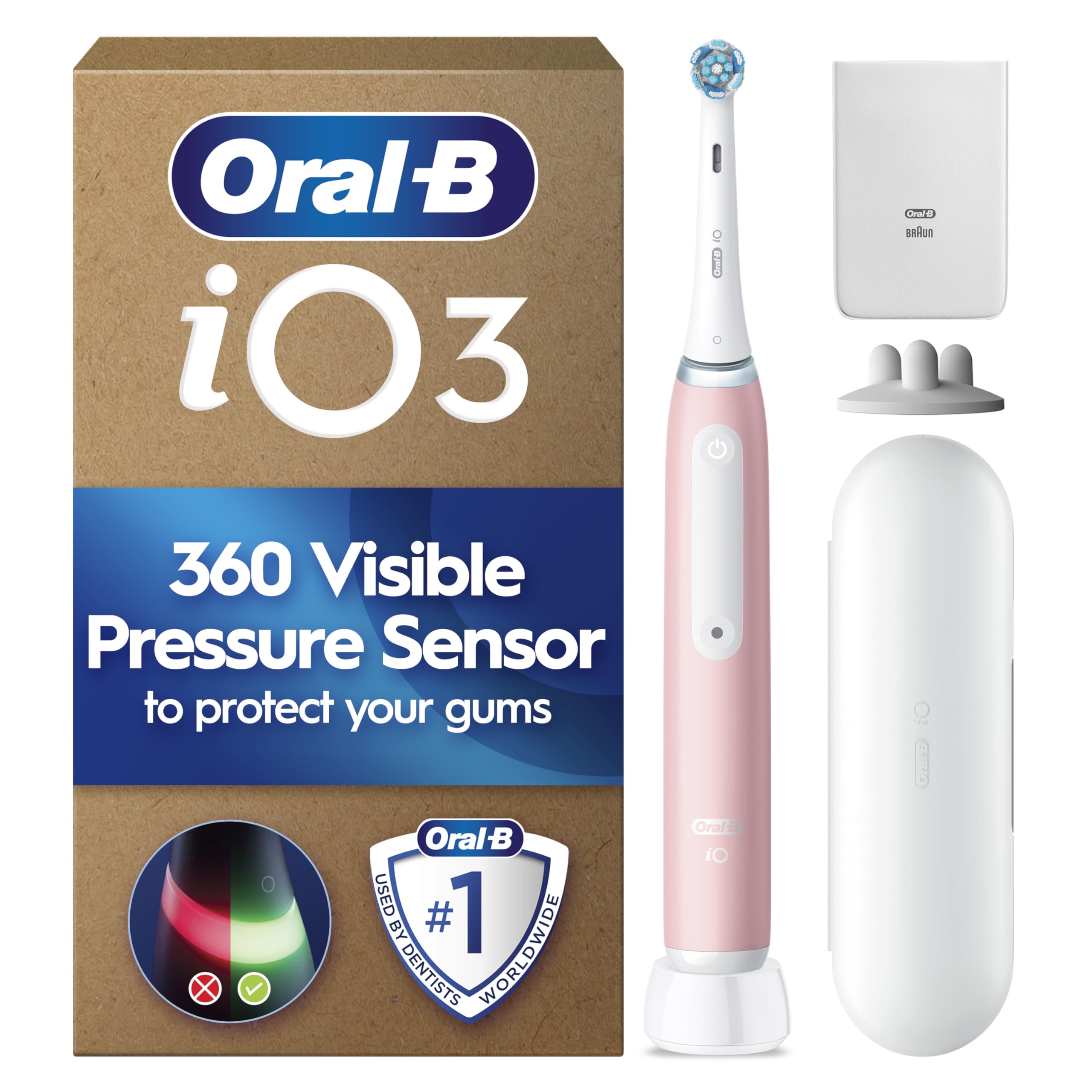 Oral-B iO3 Ultimate Clean Electric Toothbrush, Blush Pink, Long-Lasting Battery with Travel Case for Home and Travel, With Refill Holder and Charger Pouch