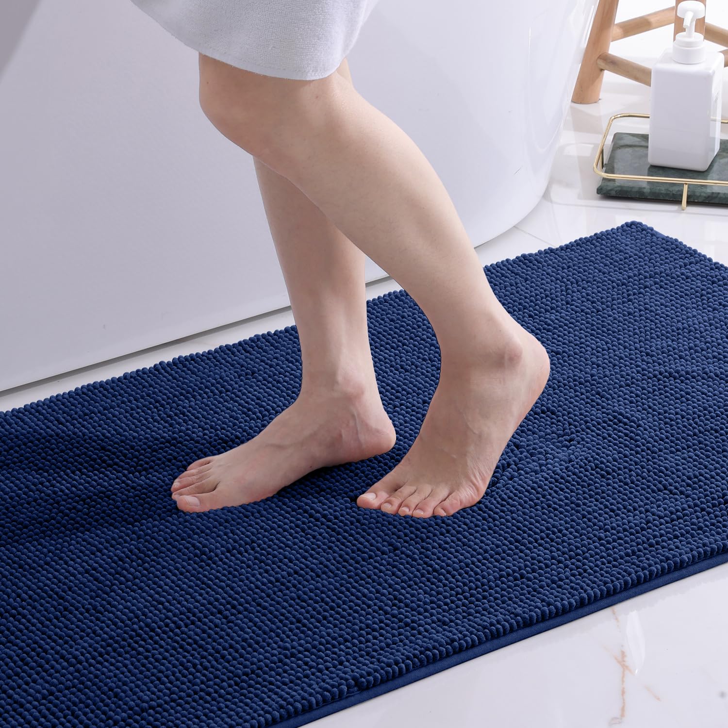 smiry Non Slip Chenille Bath Mat, 60 x 90 cm, Extra Soft Bathroom Mat, Super Absorbent Fluffy Bath Mats for Bathroom Floor, Machine-Washable Dry Bath Rug Foot Mat, Navy Blue — image 1