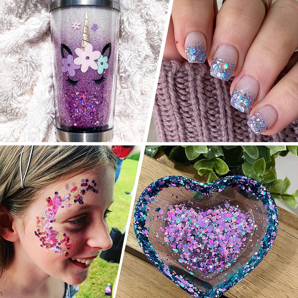 100g Holographic Glitter, Cosmetic Mixed Hexagon Chunky & Fine Craft Glitter Resin Sequins for Epoxy, Resin Art, Body, Hair, Face, Nail, Slime, Tumblers (Silver)