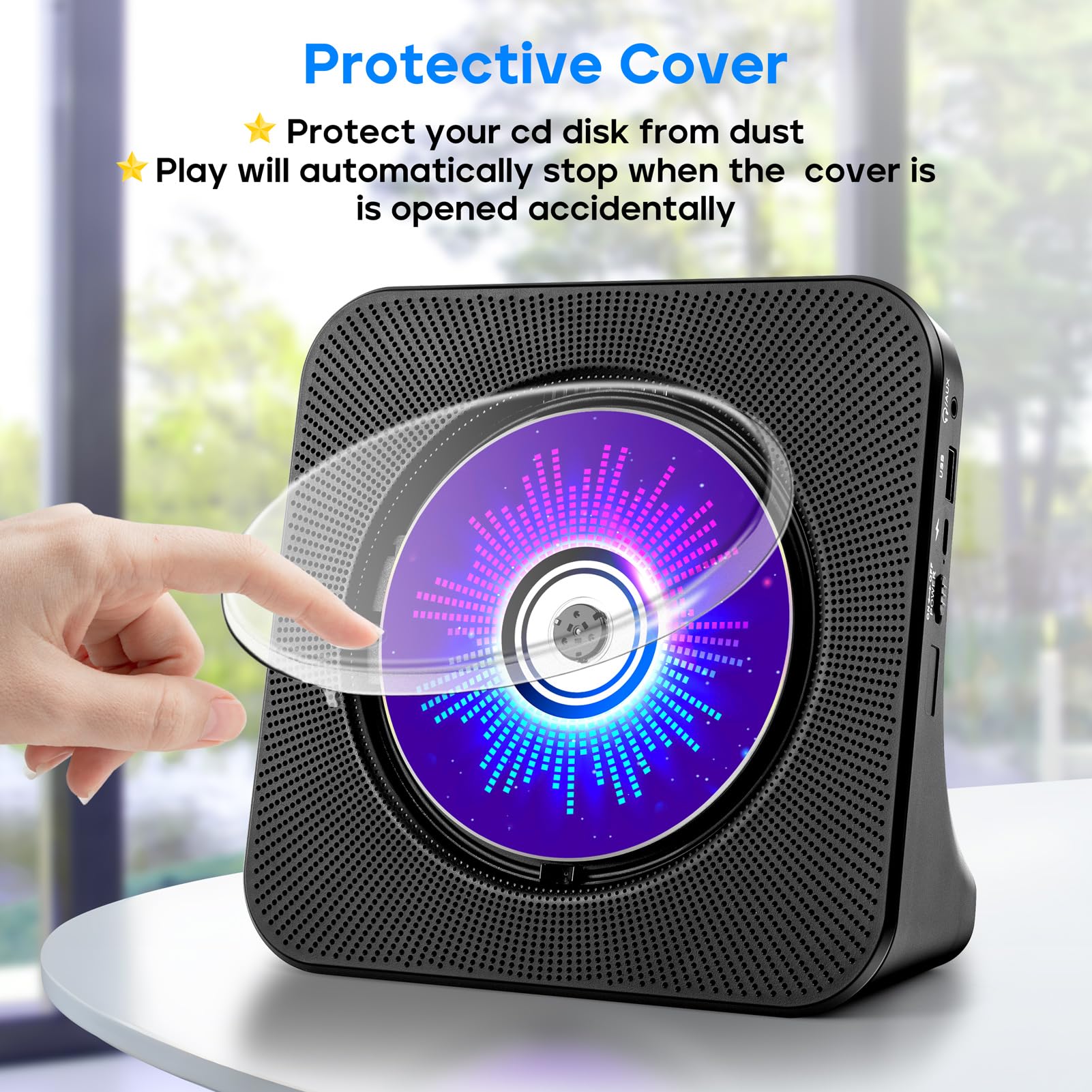 Desktop CD Player with Speakers, ROADOM CD Players for Home, Portable CD Player with Bluetooth Hi-Fi Stereo Sound,Remote Control,Supports CD/Bluetooth/FM Radio/U Disk/AUX/Timer/Repeat,Black