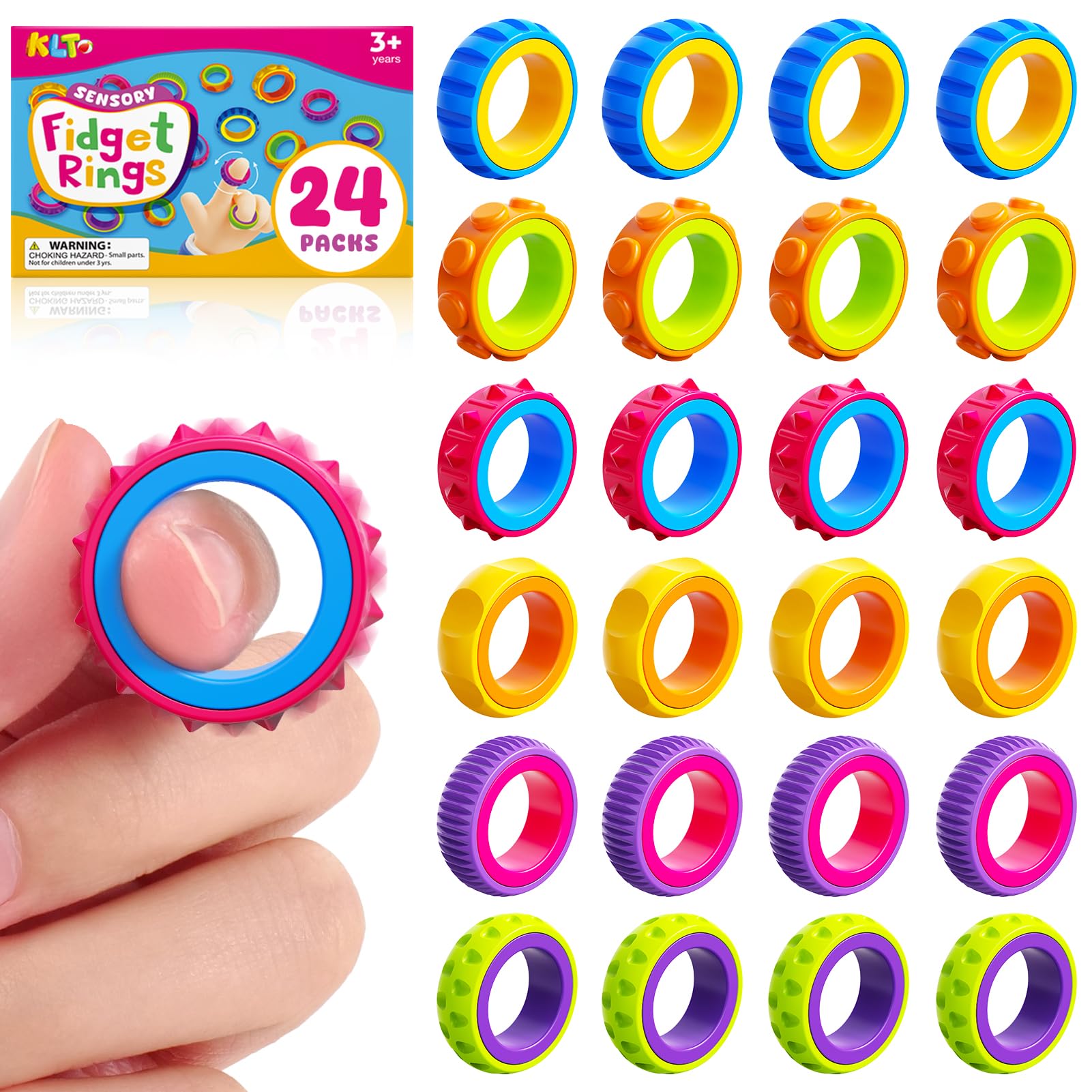 Fidget Toys Kids Sensory Rings: 24 Pack Texture Finger Spinner- Quiet Fidgets for Classroom Prizes - Sensory Toys for Autism Stress Relief - Bulk Party Favors Easter Basket Stuffers for Kids