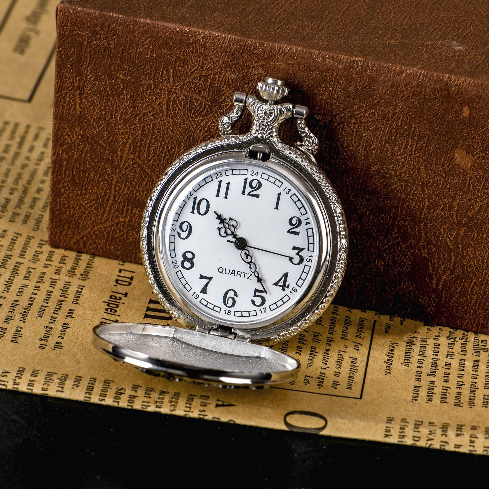 BOSHIYA Retro Flower Openwork Cover Quartz Pocket Watch with Chain Half Hunter Pocket Watches for Women with Box, for Mother's Day