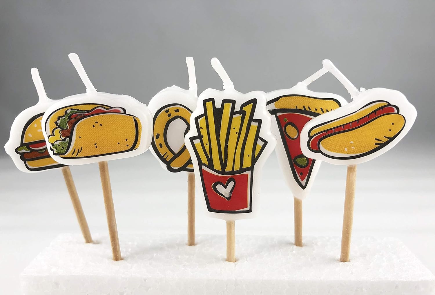 Taco, Hamburger, Pizza, Hot Dog, French Fries and Pretzel Birthday Candles- 12 Count