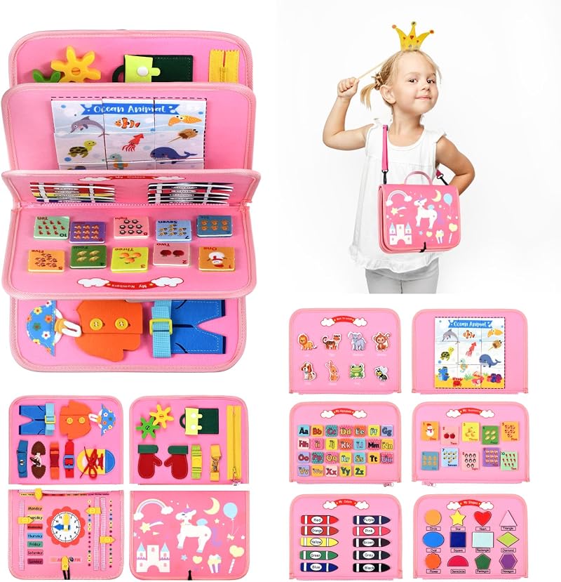 Visator Busy Board Montessori Toys Pink For Toddlers Fine Motor Skills