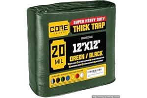 Core Tarps Extreme Heavy Duty 20 Mil Tarp Cover, Waterproof, UV Resistant, Rip and Tear Proof, Poly Tarpaulin with Reinforced Edges for Roof, Camping, Patio, Pool, Boat (Green/Black 12′ X 12′)